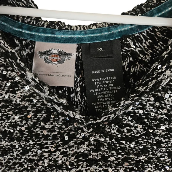 Harley Davidson Size XL Metallic Shimmer Pullover Hooded Sweater Silver Black - Picture 2 of 5